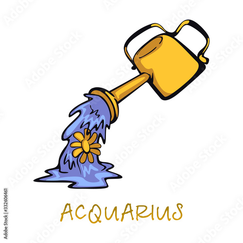 Aquarius zodiac sign accessory flat cartoon vector illustration. Watering can and growing flower object. Astrological horoscope celestial symbol, air sign. Isolated hand drawn item