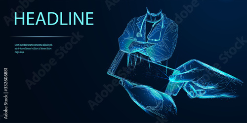Doctor. Online medical clinic communication with patient. The medical mobile app concept.. Low poly wireframe style. Vector