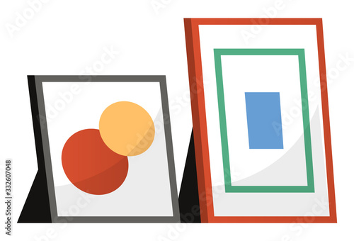 Photo frame, decorative edging for picture, such as painting or photograph. Decor for home interior, set of plastic framing. Two objects isolated on white background. Vector illustration in flat style