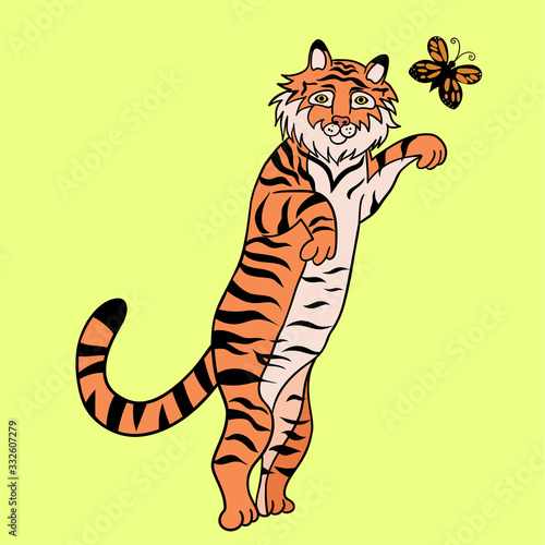A tiger is playing with a butterfly. Vector graphics.