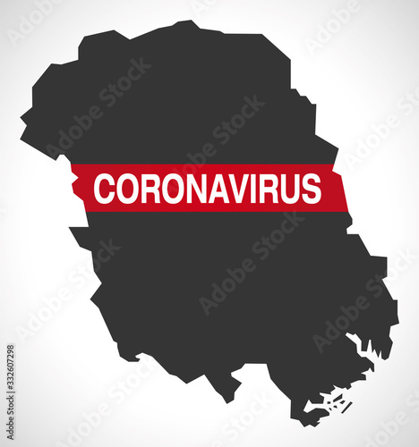 Telemark NORWAY county map with Coronavirus warning illustration