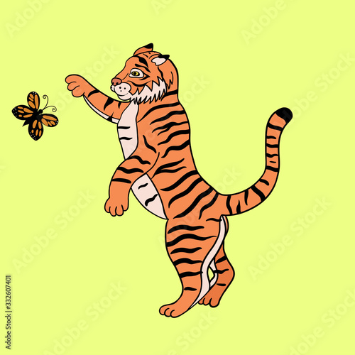 A tiger is playing with a butterfly. Vector graphics.