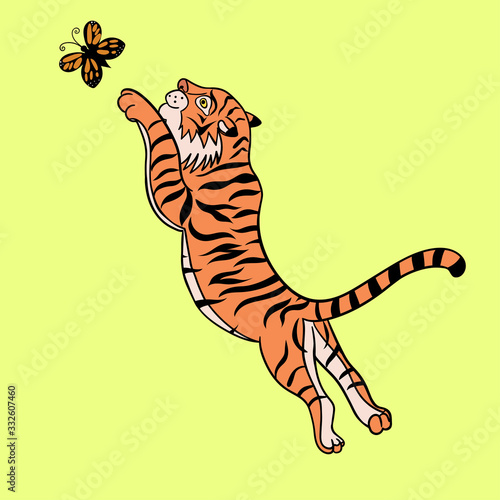 A tiger is playing with a butterfly. Vector graphics.