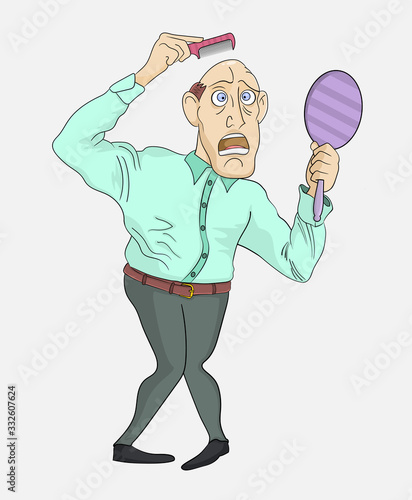 Funny cartoon man looks in the mirror at his bald head. Hair loss concept. Fighting hair loss in men. Hair care concept.