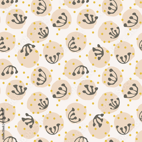 Abstract round floral seamless vector pattern. Minimal pink floral in round shape with black inky stamen and yellow highlights on white background. 