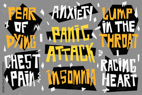 Symptoms of a panic attack and depressive disorders. Hand drawn vector lettering anxiety, insomnia, chest pain, racing heart, fear of dyng, lump in the throat. For medical info banners and posters