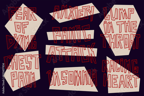 Panic attack vector lettering. Hand drawn psychological symptoms. Anxiety, insomnia, chest pain, racing heart, fear of dyng, lump in the throat. On dark background. For medical banners and posters