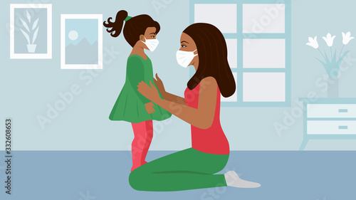Mother wearing medical mask protection for daughter at home. Stop the infection. Coronavirus quarantine. Stay at home