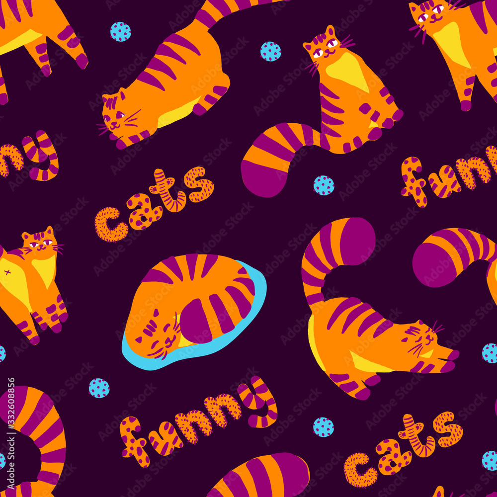 Cute orange funny cat different poses, colorful illustration seamless pattern. Lovely cat. Greeting cards, posters, banners. Vector