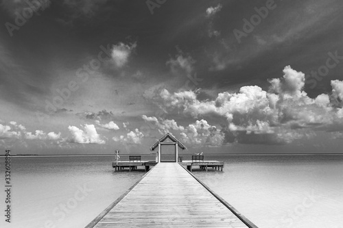 Idyllic or dramatic bungalow on water, Maldive Islands. Dramatic black and white process for loneliness or inspiration. Perspective view at sea from center of wooden pier dramatic sky at daylight. © icemanphotos