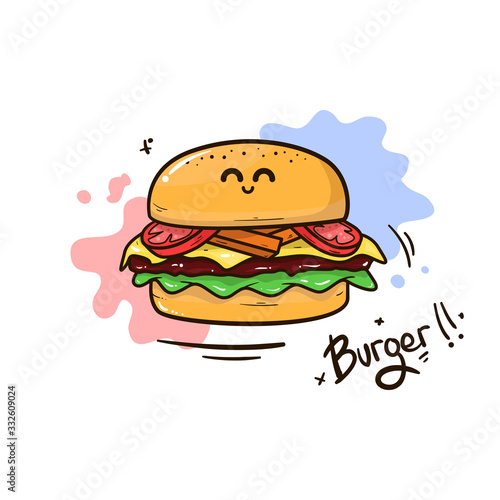 Cute Illustration Design of Burger  Smile  Ham  Meat  Emoji  Logo  in White Background