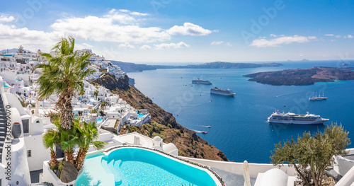 Fototapeta Naklejka Na Ścianę i Meble -  Luxury summer travel and vacation landscape. Swimming pool with sea view. White architecture on Santorini island, Greece. Beautiful landscape with sea view
