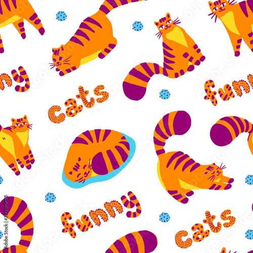 Cute orange funny cat colorful illustration seamless pattern. Lovely cat. Greeting cards, posters, banners. Vector