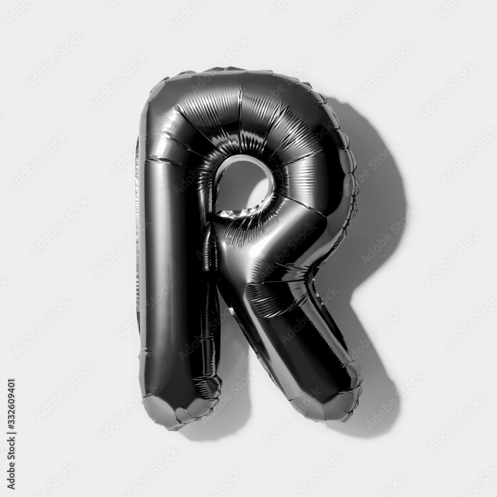 Letter R, Black foil balloon alphabet isolated on white background with ...
