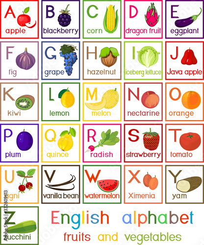 English alphabet with fruits and vegetables for children education
