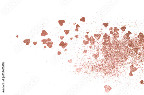 Rose gold glitter hearts on white background for your design