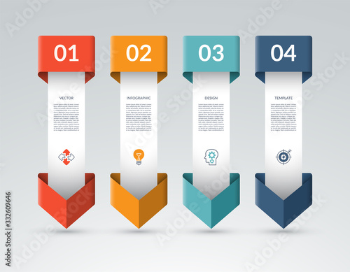 Infographic template with 4 arrows pointing down. Can be used for diagram, graph, chart, report, web design. Vector illustration