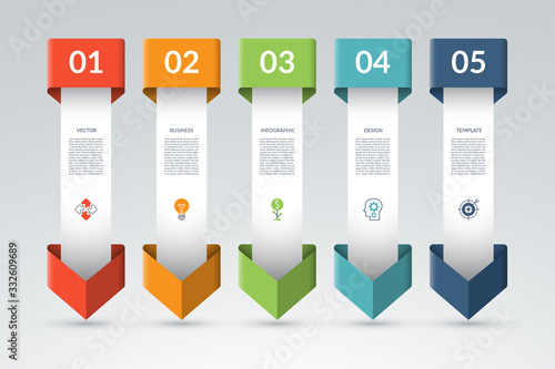 Infographic template with 5 arrows pointing down. Can be used for diagram, graph, chart, report, web design. Vector illustration