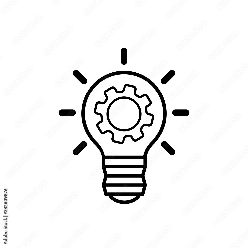 Light bulb idea icon with gears inside in black on an isolated white background. Business concept. EPS 10 vector