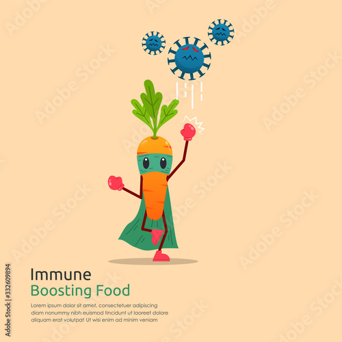 Fototapeta Funny cartoon character of carrot superhero fight against outbreak viruses and bacteria. Power of immune boosting food concept to fight disease. vector illustration