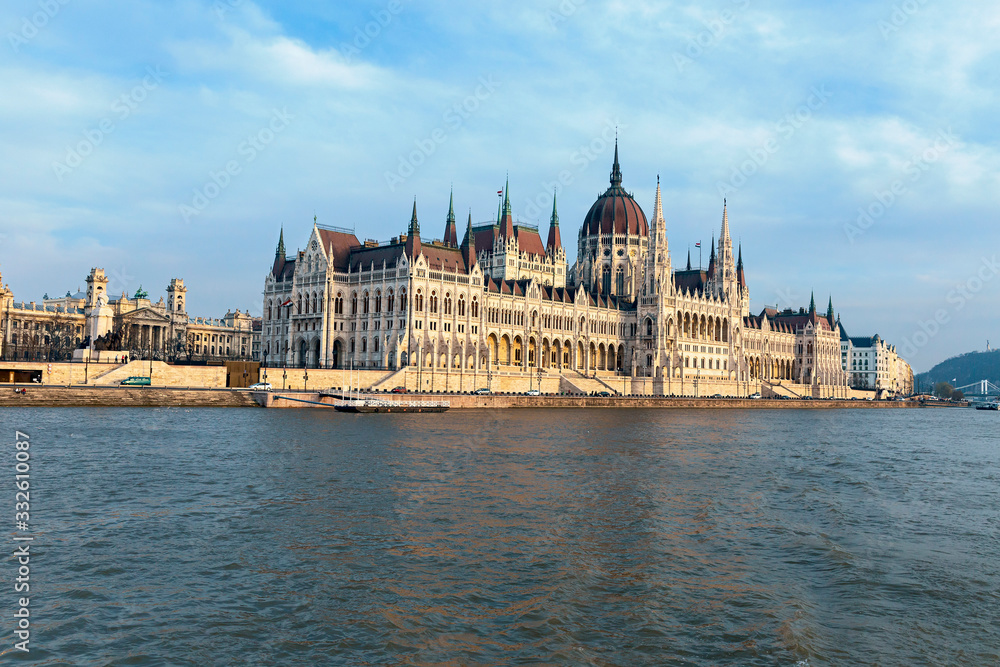 beautiful building of the Hungarian parliament against the background of the river and blue sky