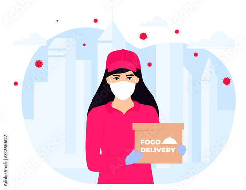 COVID-19. Quarantine in the city. Coronavirus epidemic. Courier girl in a protective medical mask holds a parcel in her hands. Free food delivery. Stay home