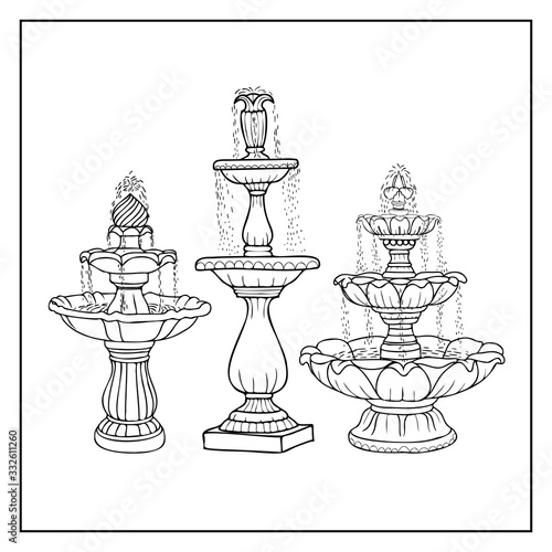 Antique fountain set cascade, hand drawing 