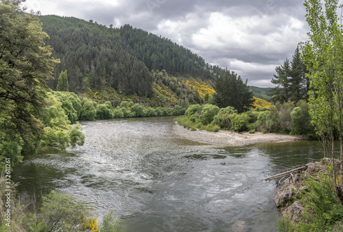 Motueka River bend in green valley  near Tapawera  Tasman  New Zealand