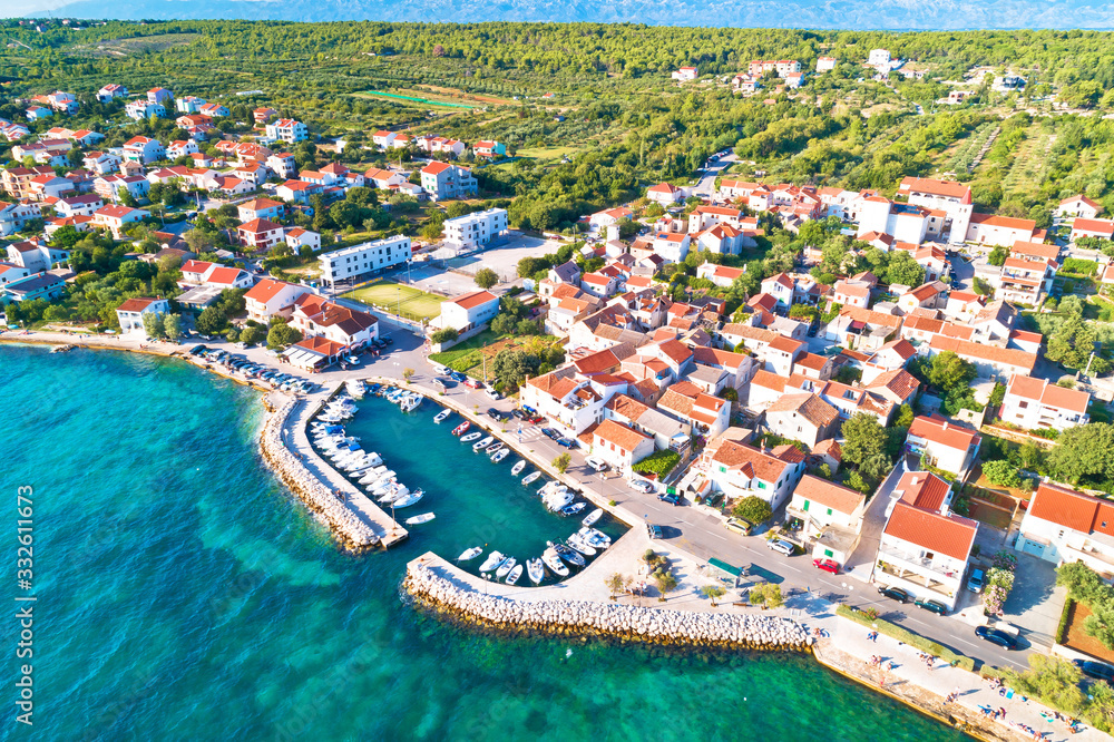 Zadar. Village of Diklo in Zadar archipelago aerial view of harbor and turquoise sea