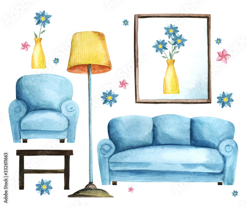 Watercolor set of cozy home furniture objects hand drawn on white background with floral print. Turquoise comfortable armchair and sofa, coffee table, yellow torchiere, picture and vase with flowers. photo