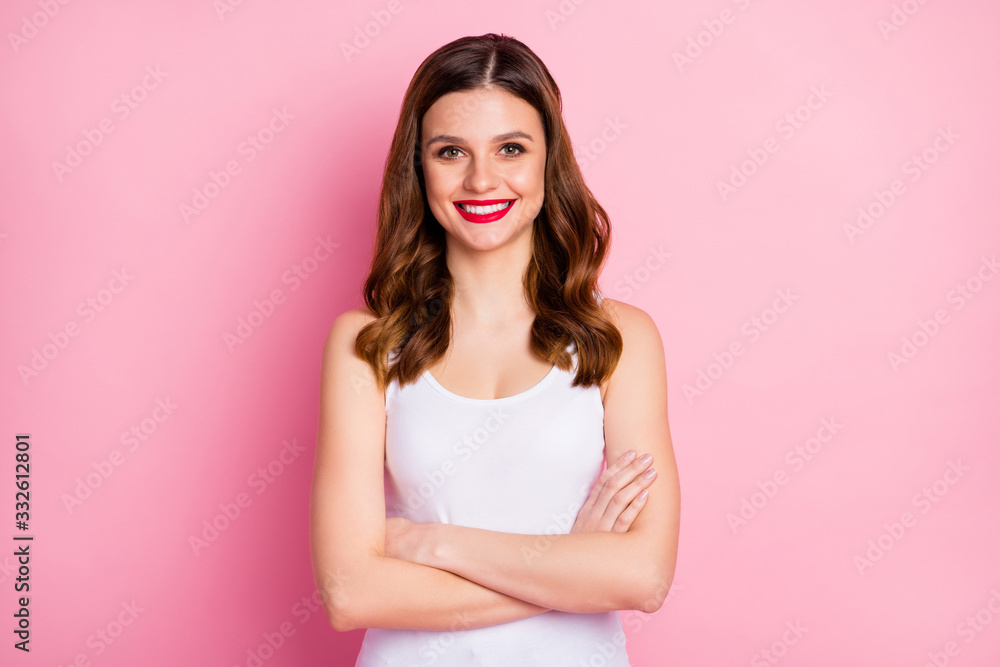 Portrait of cheerful candid ginger hair girl successful worker cross hands ready decide work decisions wear good look outfit isolated over pastel color background Portrait of cheerful candid ginger hair girl successful worker cross hands ready decide work decisions wear good look outfit isolated over pastel color background