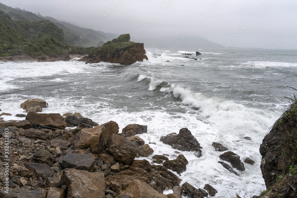 Tasman sea waves on shore at little inlet of Woodpecker bay, near Tiromoana, West Coast, New Zealand