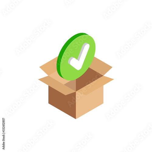 Isometric checkmark symbol, 3d yes icon in open cardboard box isolated. Approved delivery, successful parcel receipt concept, quality control infographic. Vector Illustration for web, app, ad