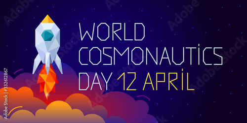 12 April World Cosmonautics Day banner with rocket and clouds on dark blue sky. Holiday web banner