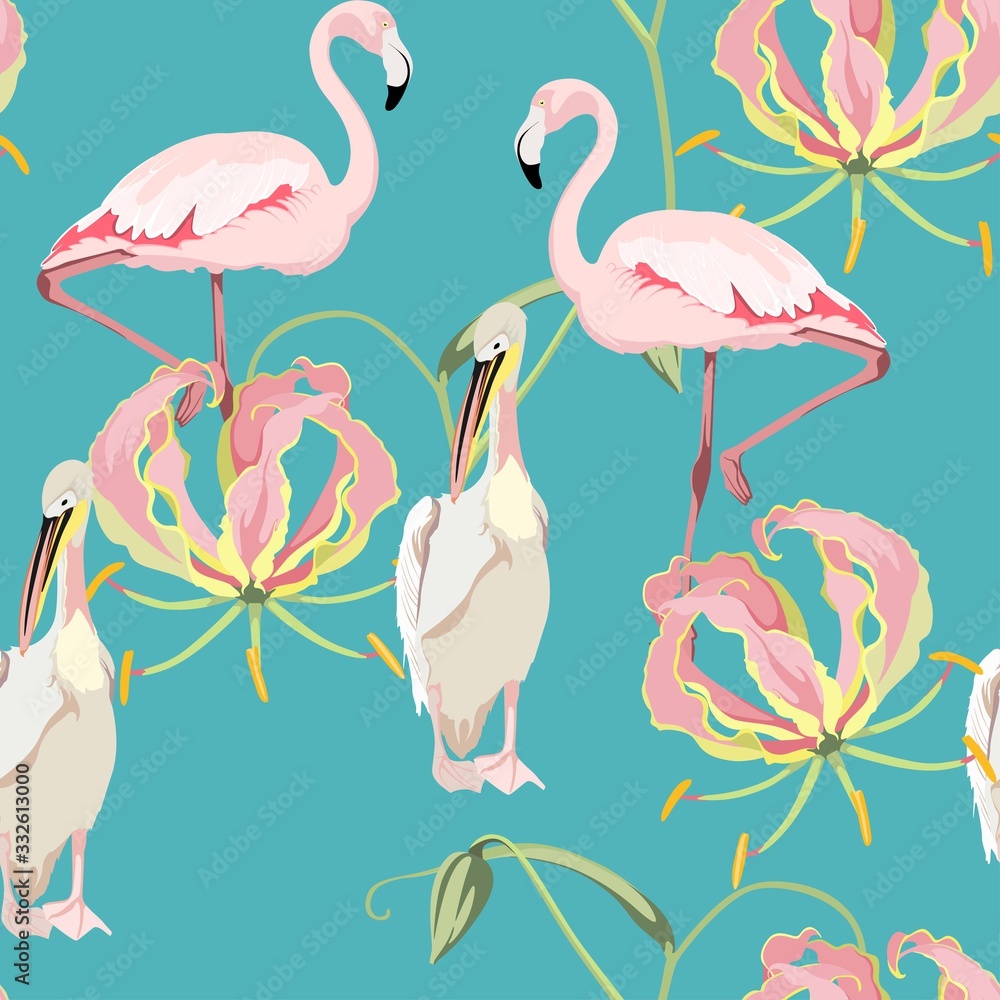 Fototapeta premium Tropical vintage exotic Pink Gloriosa flowers glory lily, pelican flamingo floral seamless pattern, vintage blue background. Exotic jungle bird wallpaper.