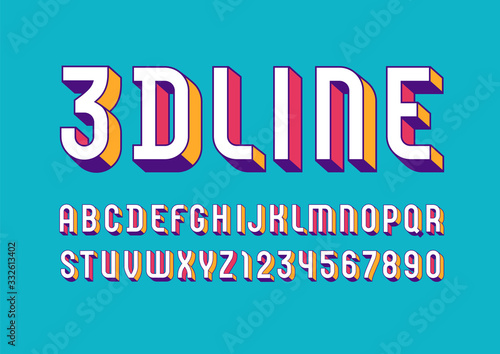 3D Font from geometric module, trendy bright alphabet, modern condensed capital Latin letters from A to Z and Arab numbers from 0 to 9 for you designs, vector illustration 10EPS