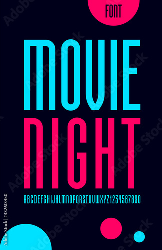 High font, trendy condensed alphabet sans serif, modern color letters and numbers, for your designs: logo, movie banner, cinema poster and more, vector illustration 10EPS