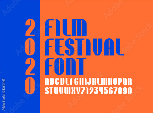 Trendy high font, modern condensed alphabet sans serif, letters and numbers, for your designs: logo, movie banner, cinema poster and more, vector illustration 10EPS