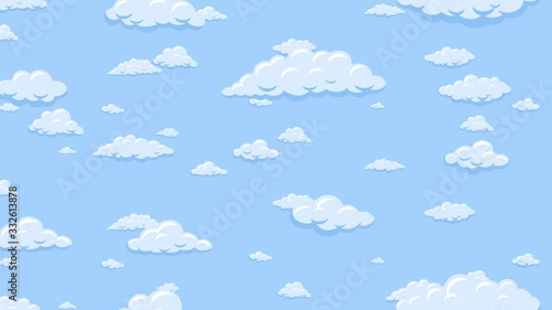 Cartoon clouds floating down vertically on the blue sky background. Seamless looping animation.