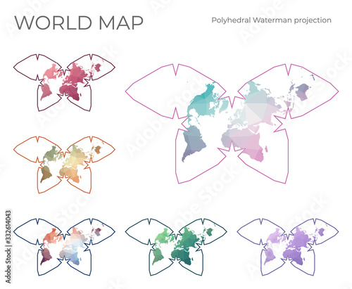 Low Poly World Map Set. Steve Waterman's butterfly projection. Collection of the world maps in geometric style. Vector illustration.