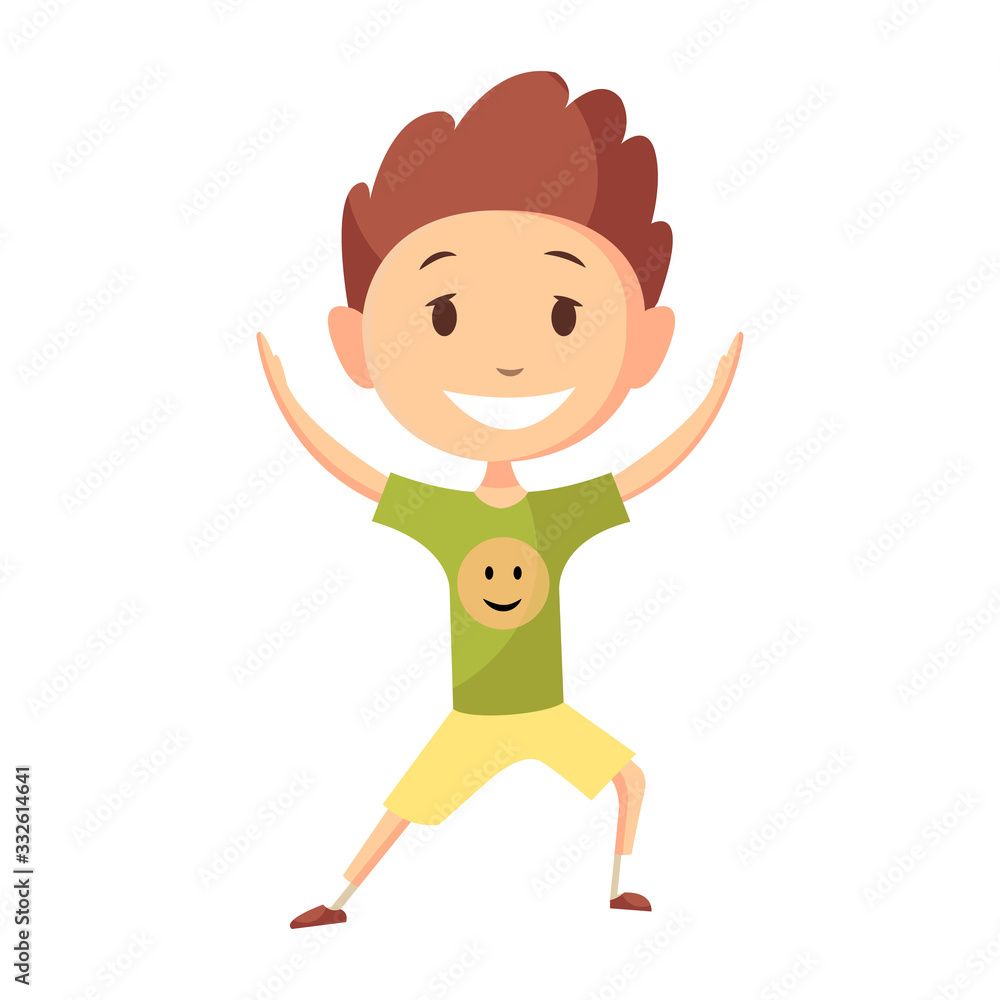 Fitness sport. Boy posing and making gymnastic exercises. Funny cartoon colorful character. Cute gymnastics for children and healthy lifestyle sport illustration. Vector happy kid fitness Fitness sport. Boy posing and making gymnastic exercises. Funny cartoon colorful character. Cute gymnastics for children and healthy lifestyle sport illustration. Vector happy kid fitness