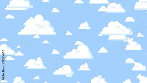 Cartoon clouds floating vertically on the blue sky background, pixelated. Seamless looping animation.