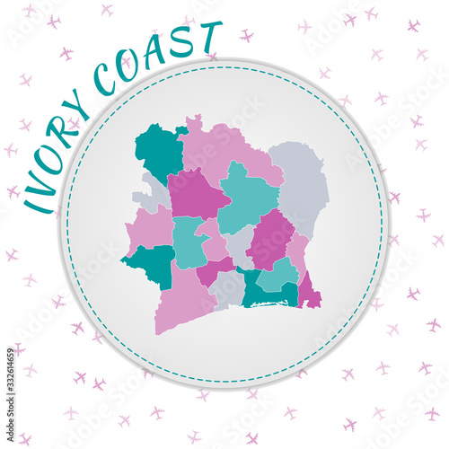 Ivory Coast map design. Map of the country with regions in emerald-amethyst color palette. Rounded travel to Ivory Coast poster with country name and airplanes background. Neat vector illustration.