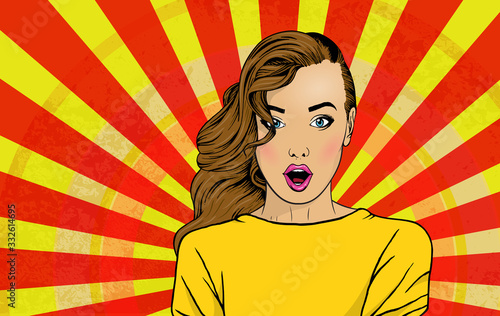 Fototapeta Pop art surprised woman face with open mouth. Comic woman with brown hair. Vector colorful background in pop art retro comic style. Party invitation poster