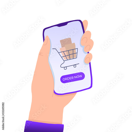 Hand holding smart phone with order now button on the screen. E-commerce flat design concept. Using mobile smart phone for online purchasing. Order from home.