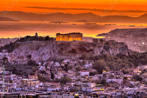 Acropolis at sunset in Greece capital, Athens
