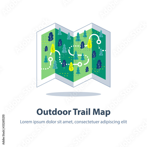 Folded hiking map, forest trail, orienteering game, landscape with hills and trees, ecological footpath