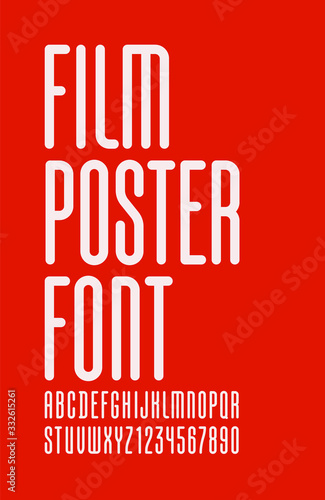 Condensed font, trendy high alphabet sans serif, modern white Latin letters and Arab numbers, for your designs: logo, movie banner, cinema poster and more, vector illustration 10EPS