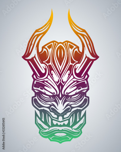 Illustration of Japanese demonic mask in tattoo style