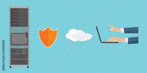 Infographic of access to internal information systems via the internet from outside. Break through the fire wall with just one click from the hacker.